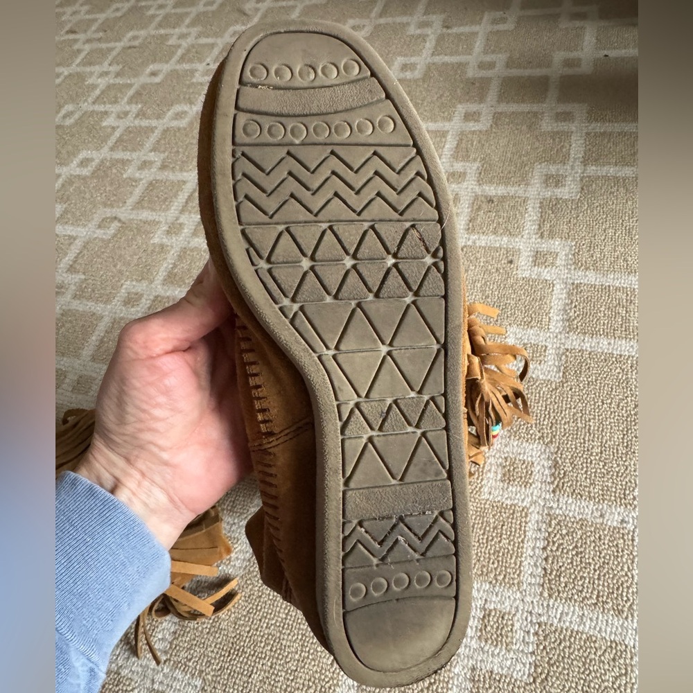 Route 66 Suede Fringe Moccasin-Style Slouch Boots Boho Festival Tan Beaded 9 - Picture 8 of 8